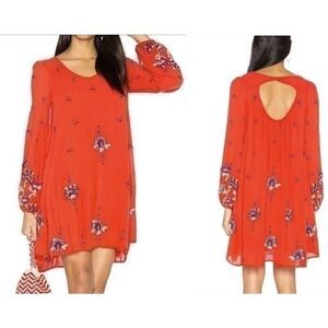 Free People Women’s Red Oxford Shift Dress Floral Embroidered Boho Size Large